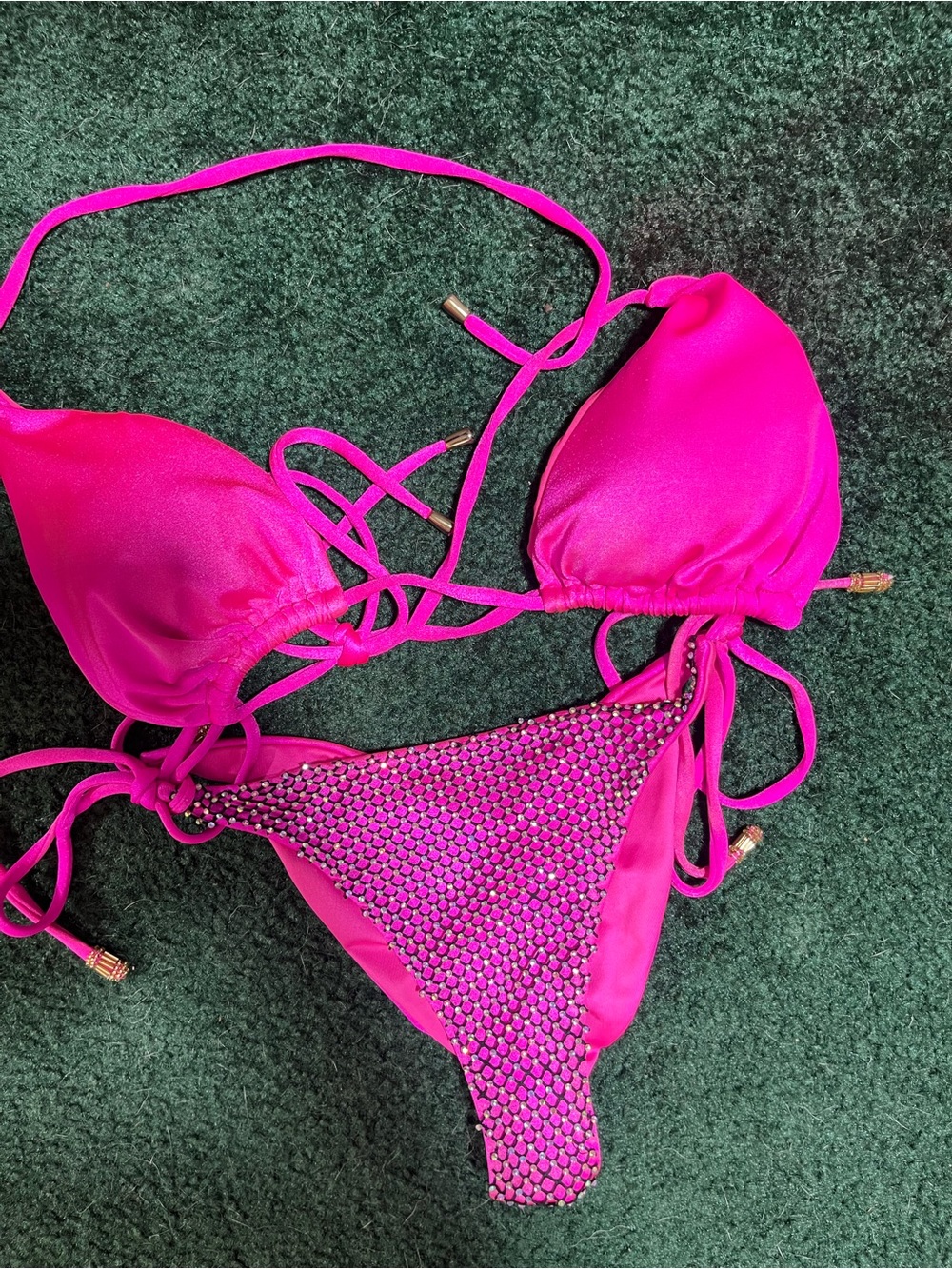 Hot Pink Rhinestone Bikini Set Barbiecore Triangle Swimwear Women small